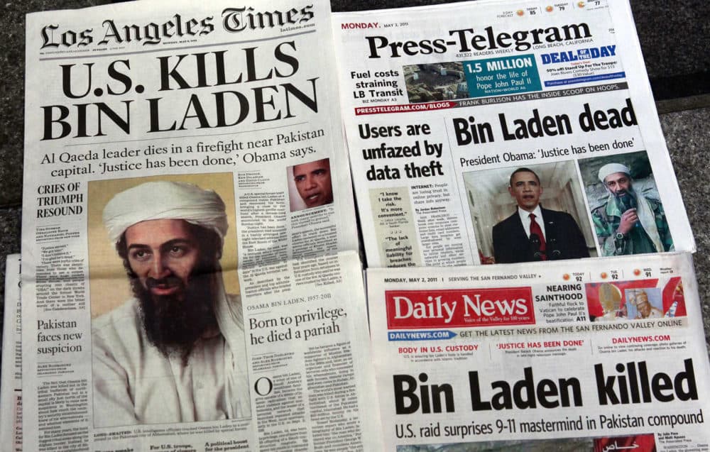 Los Angeles-area newspapers headline the death of Osama bin Laden on May 2, 2011. (Nick Ut/AP)