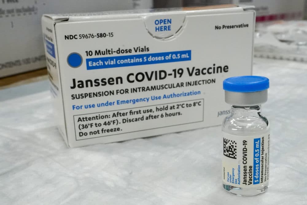 In this April 8, 2021 file photo, the Johnson & Johnson COVID-19 vaccine sits on a table. The U.S. is recommending a “pause” in administration of the single-dose Johnson & Johnson COVID-19 vaccine to investigate reports of potentially dangerous blood clots. (Mary Altaffer/AP File)