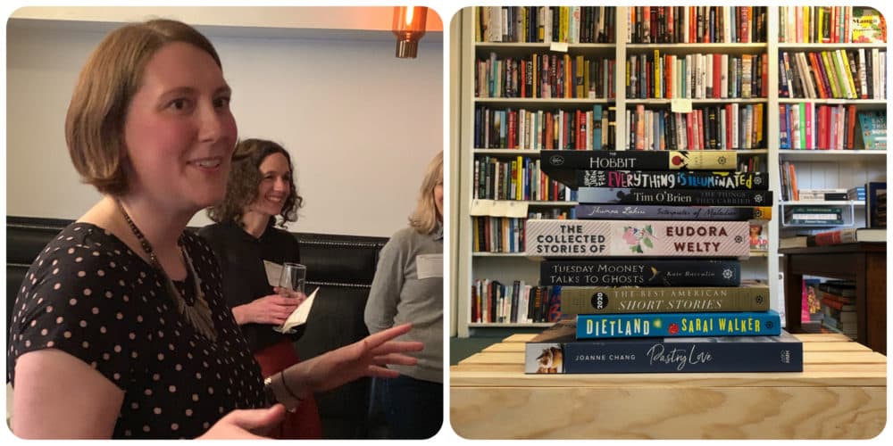 Kate Racculia and the author at party to celebrate Boston books in 2019, and a book stack, both at The Book Shop of Beverly Farms. (Courtesy)