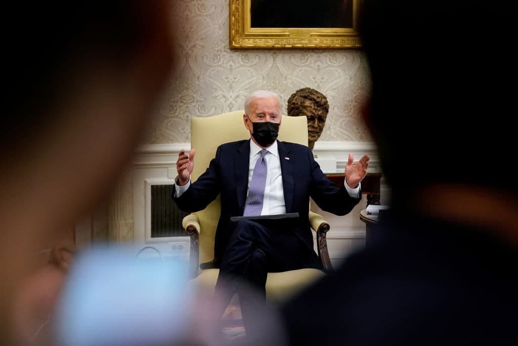 President Joe Biden meets with members of Congress in the Oval Office to discuss the American Jobs Plan, the administration's $2 trillion infrastructure proposal on April 12, 2021. (Amr Alfiky-Pool/Getty Images)