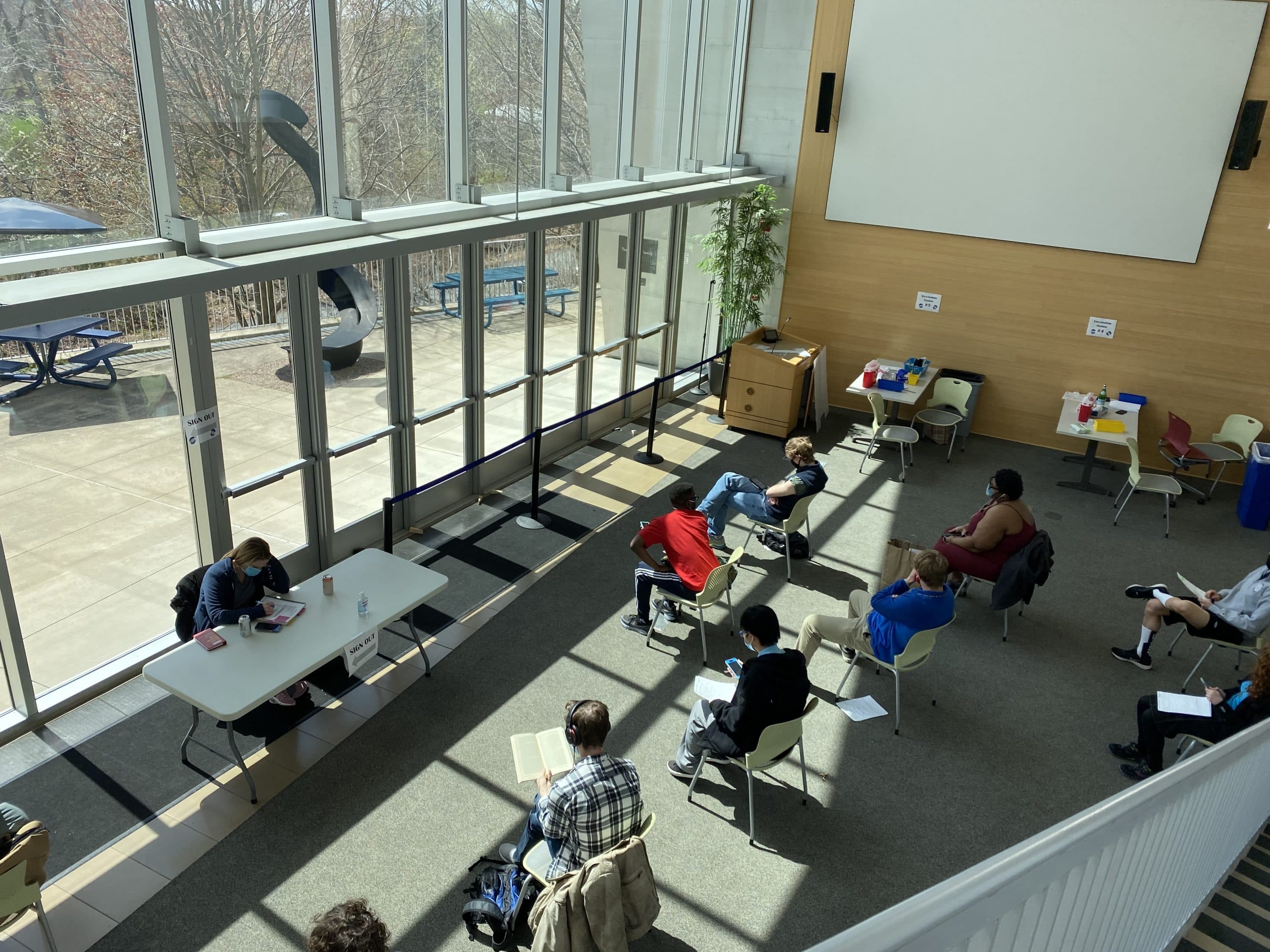 Brandeis University has set up a vaccination clinic in this room at the Heller School. (Courtesy Brandeis University)