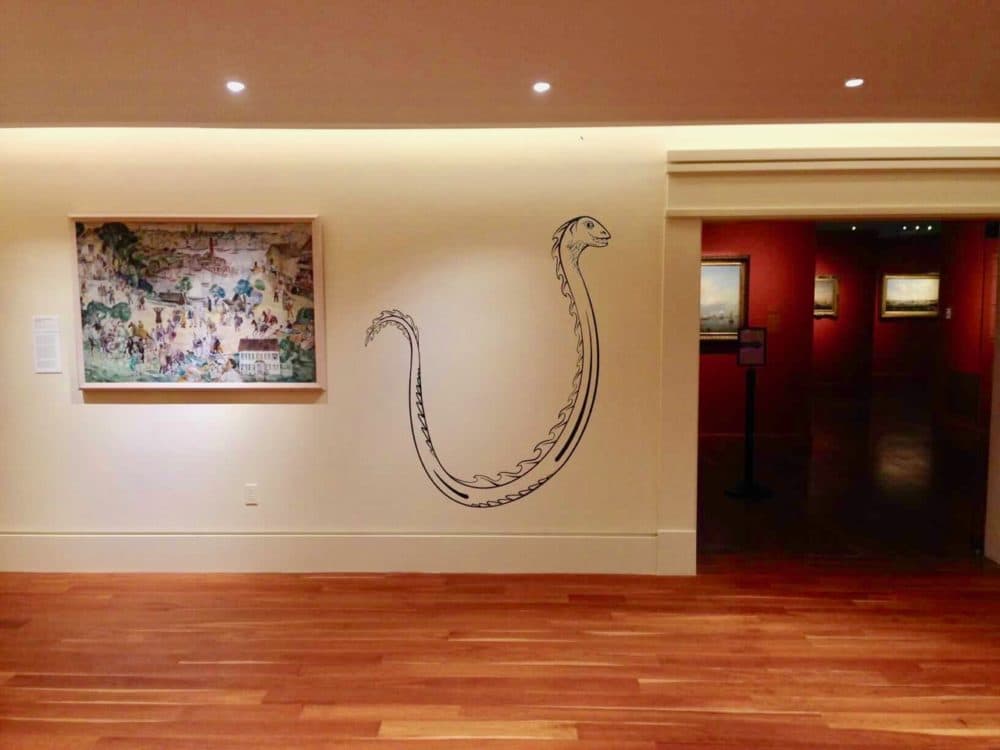 Artist Michael Grimaldi has created Cassie the Sea Serpent to engage families visiting the Cape Ann Museum. Visitors can see him at work in the coming weeks as he paints more images of the serpent in the galleries. (Courtesy Cape Ann Museum)