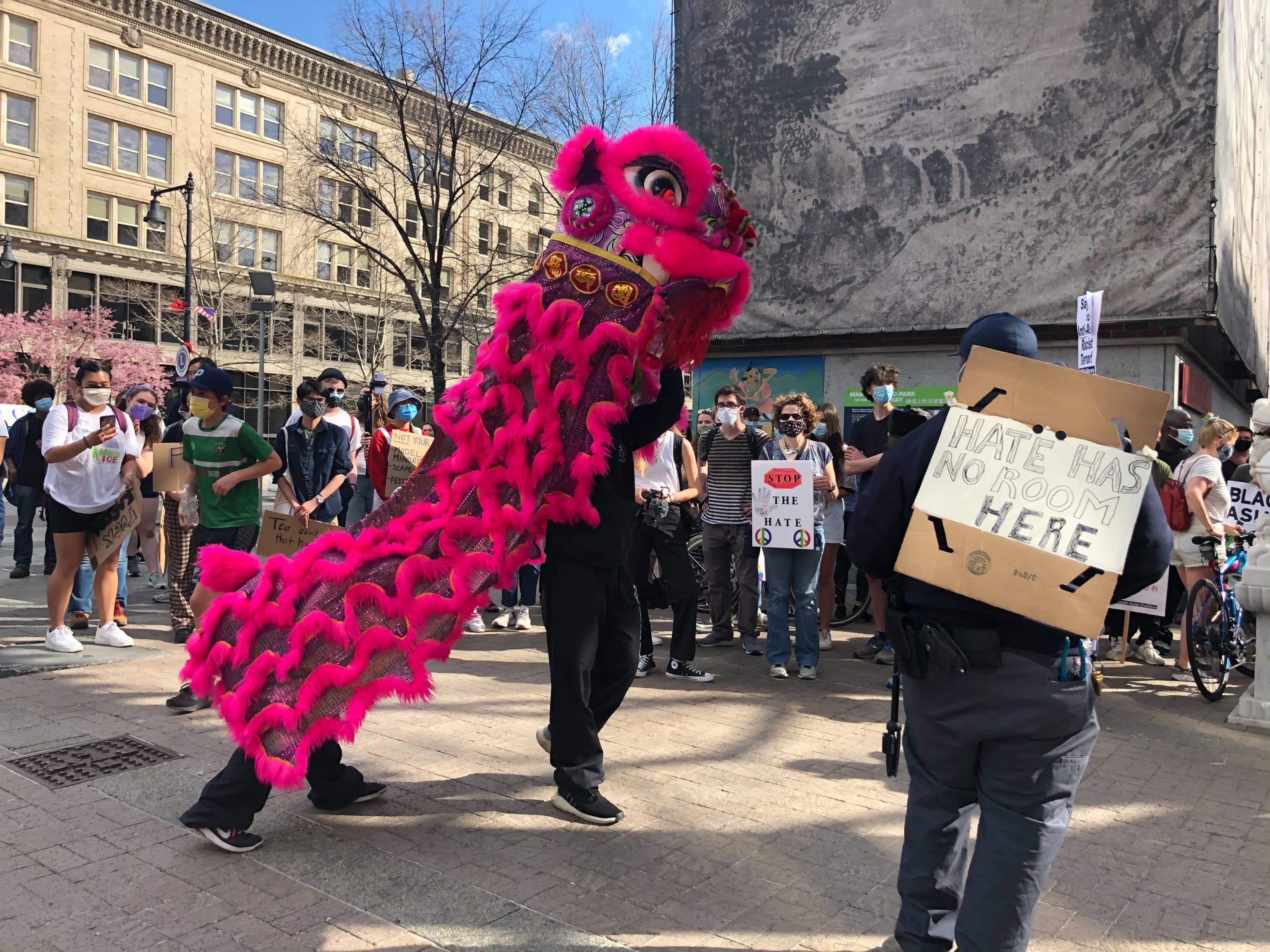 Demonstrators rallied and marched toward Chinatown in Boston during the “Out of the Orient: A March For Asian Futures” event on Saturday, April 10, 2021. (Quincy Walters / WBUR)