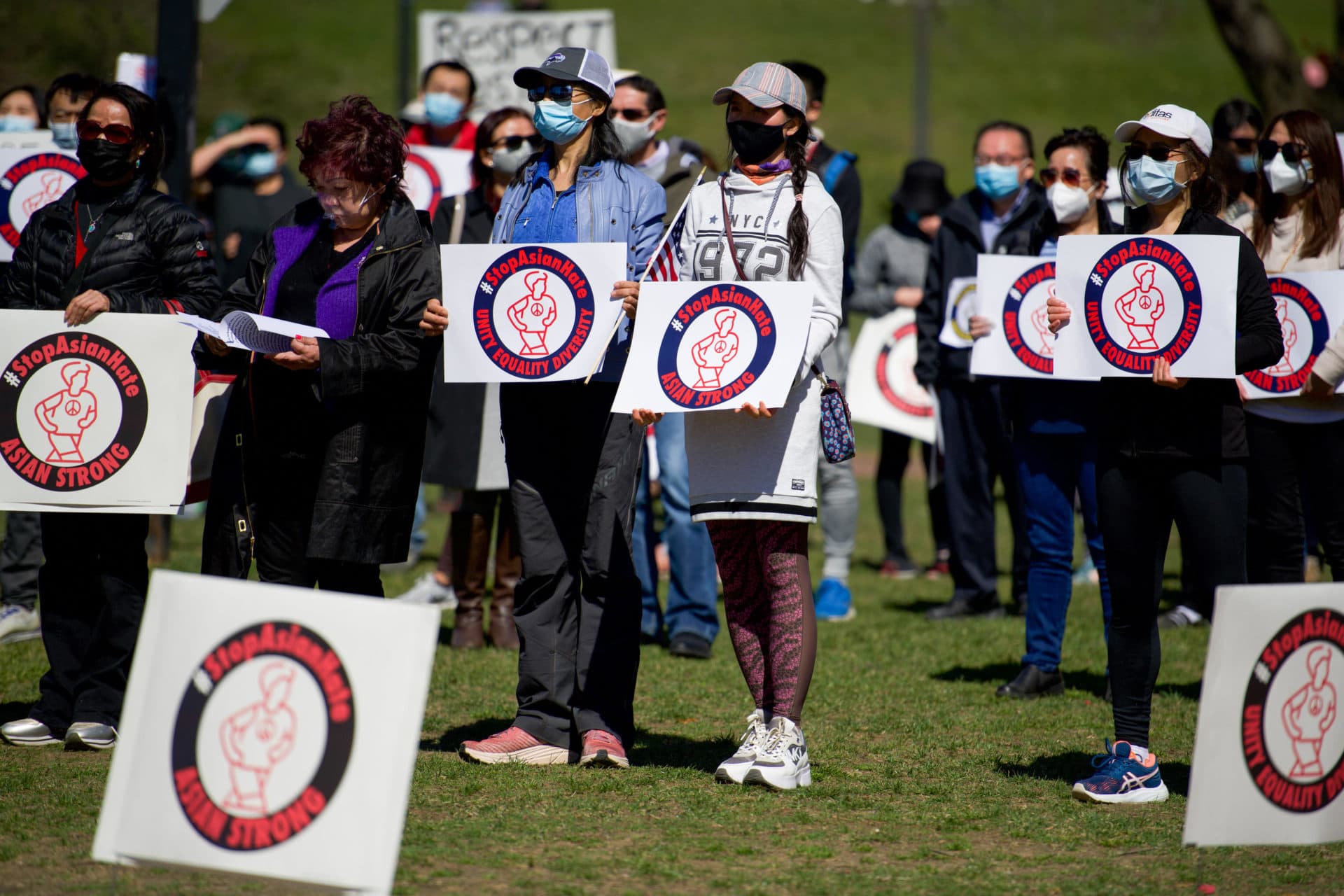Demonstrators gather at a rally against racism toward Asians on Boston Common in March. (Courtesy Le Min)
