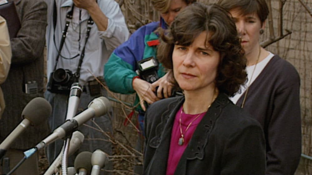 Anne Hawley, director emerita of the Isabella Stewart Gardner Museum, shown during a press conference after the robbery in a still from &quot;This Is a Robbery: The World's Biggest Art Heist.&quot; (Courtesy of Netflix)