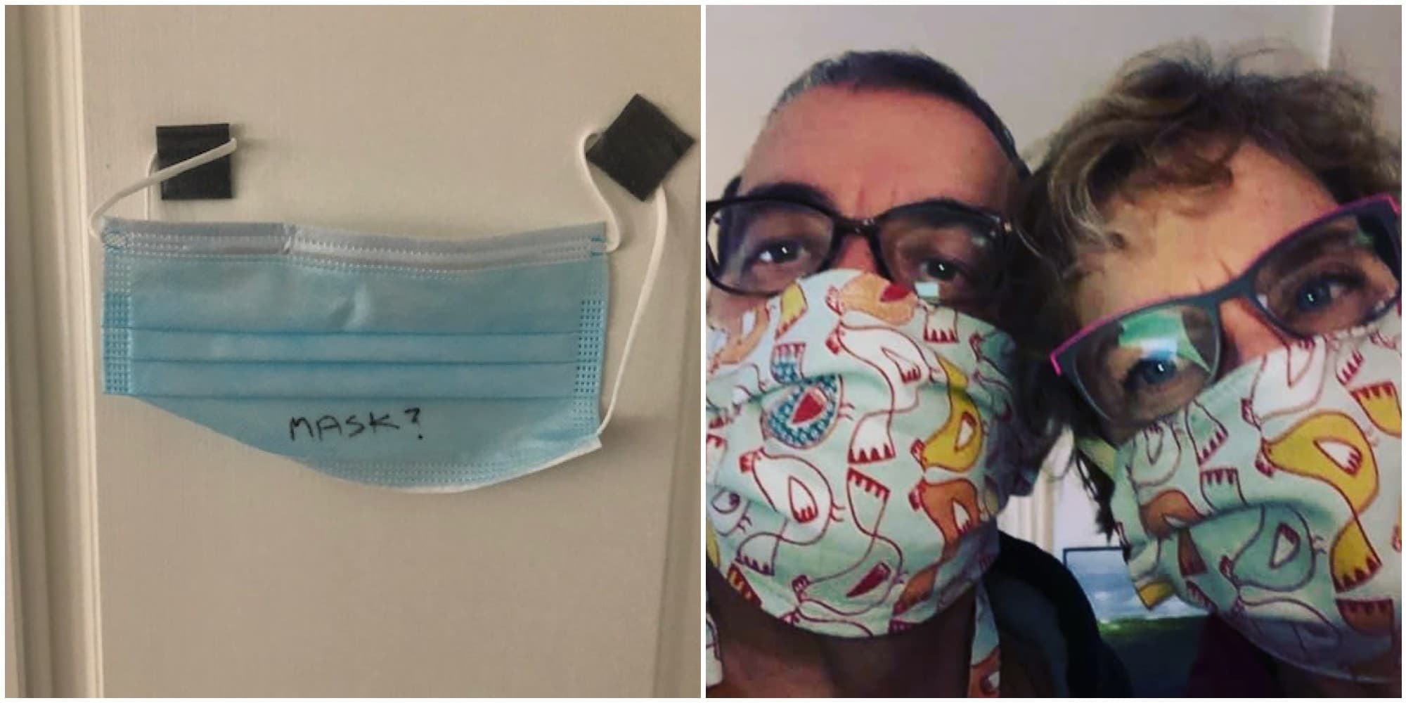 Left, the mask taped to the author's door. And, right, the author, with her husband, in an early pair of homemade masks. (Courtesy)