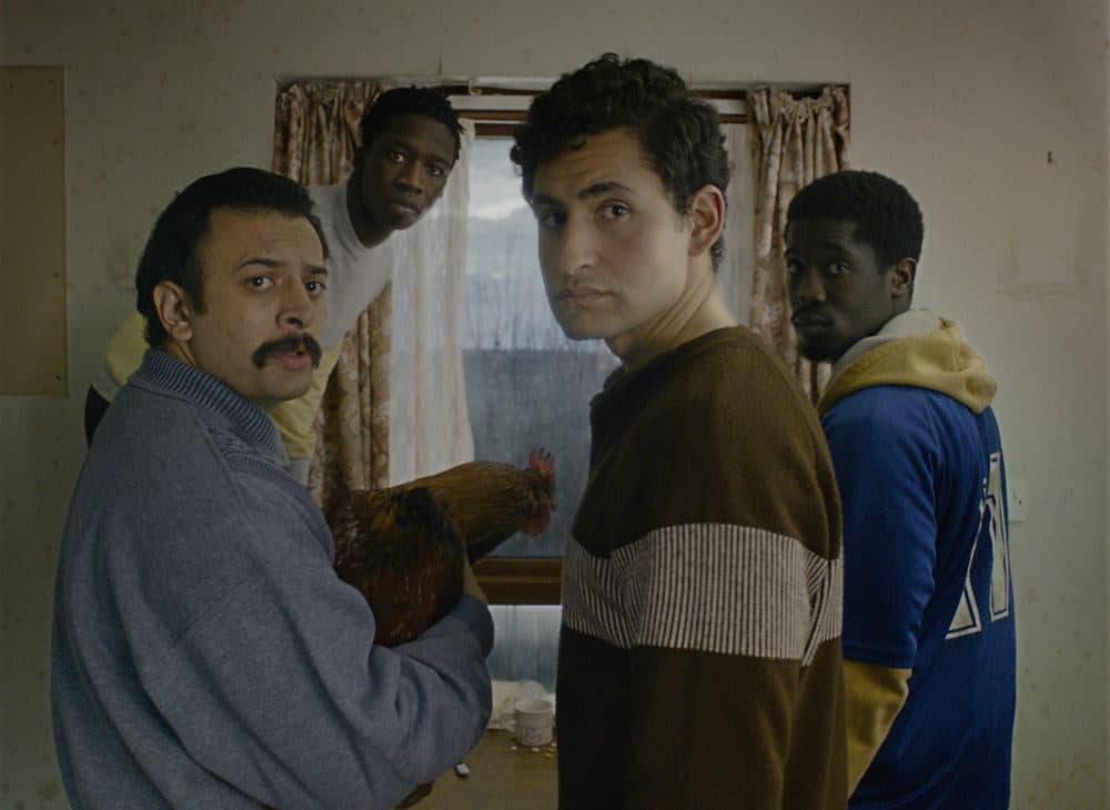 Left to right: Vikash Bhai as Farhad, Kwabena Ansah as Abedi, Amir El-Masry as Omar and Ola Orebiyi as Wasef in &quot;Limbo.&quot; (Courtesy Focus Features)