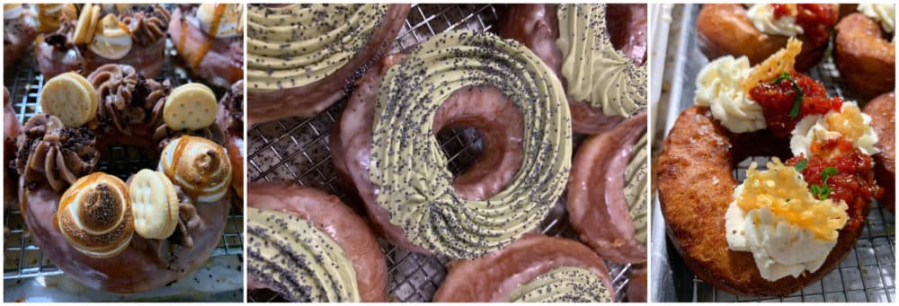 A selection of doughnuts from Lionheart Confections, including a savory pizza pretzel doughnut. (Courtesy)