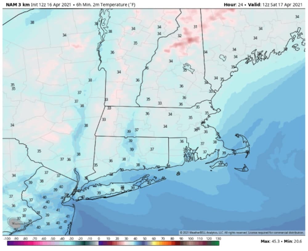 Low temperatures Friday night and early Saturday will be in the 30s. (WeatherBell Analytics)