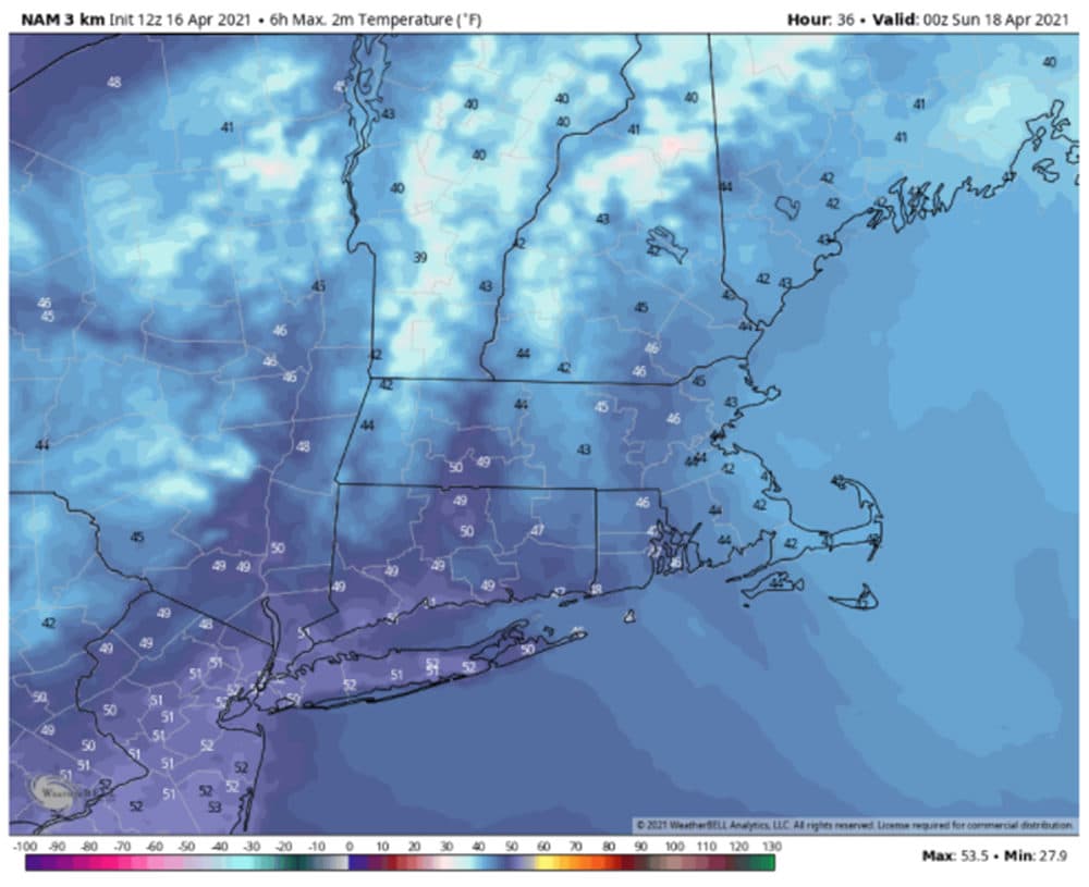 Highs on Saturday will only be in the 40s. (Courtesy WeatherBell Analytics)