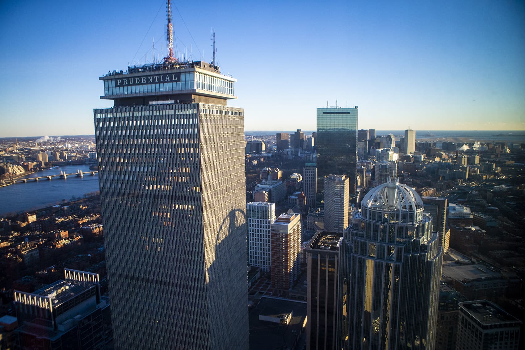The two tallest buildings in Boston, 200 Clarendon Street (formerly known as the John Hancock Tower), right, and the Pruidential Tower, seen from One Dalton Street . (Jesse Costa/WBUR)