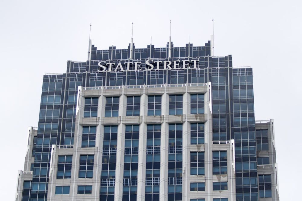 The top of the State Street Financial Center in Downtown Boston. (Jesse Costa/WBUR)