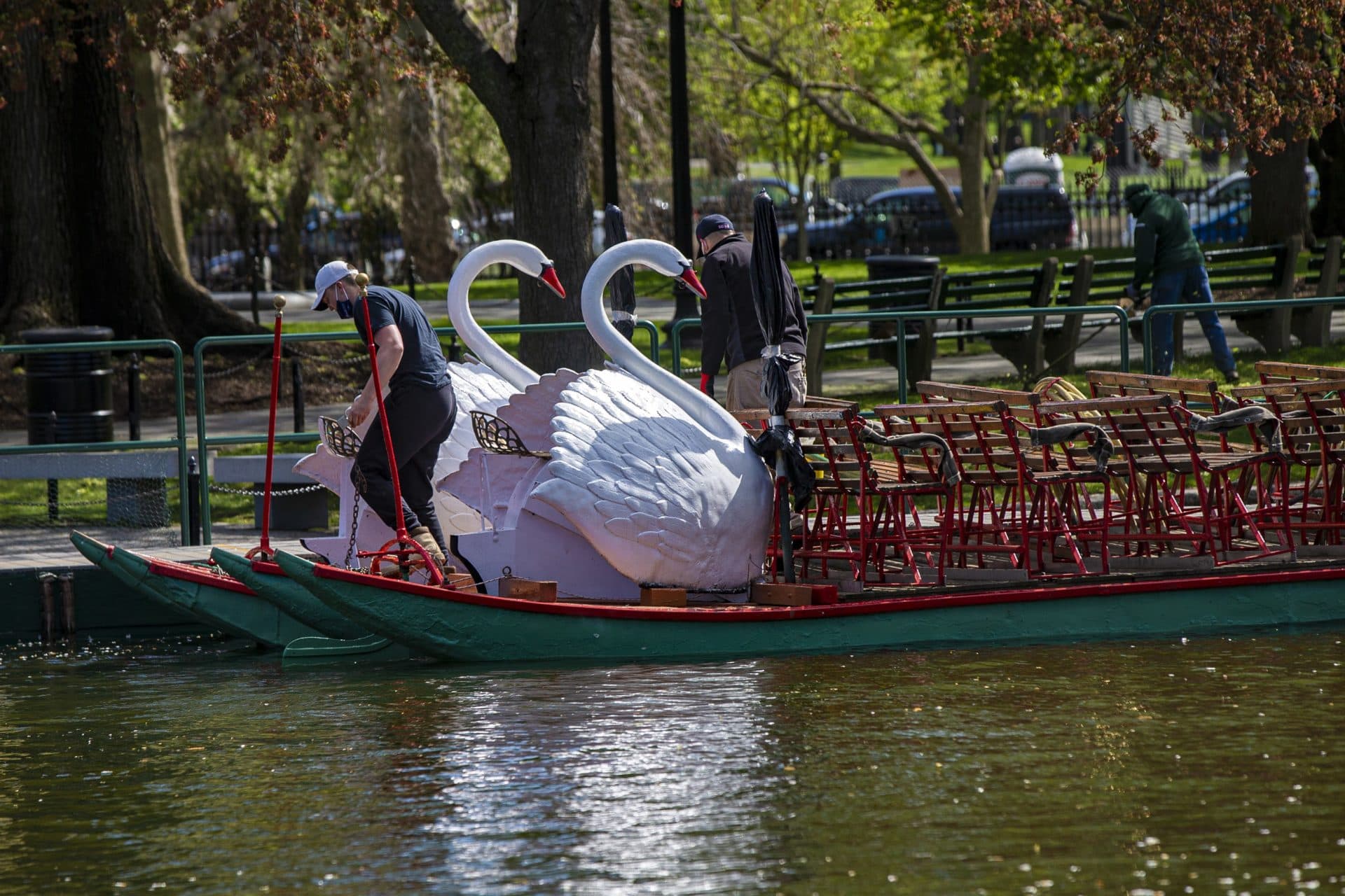 The second assembled swan boat is docked with the first. (Jesse Costa/WBUR)