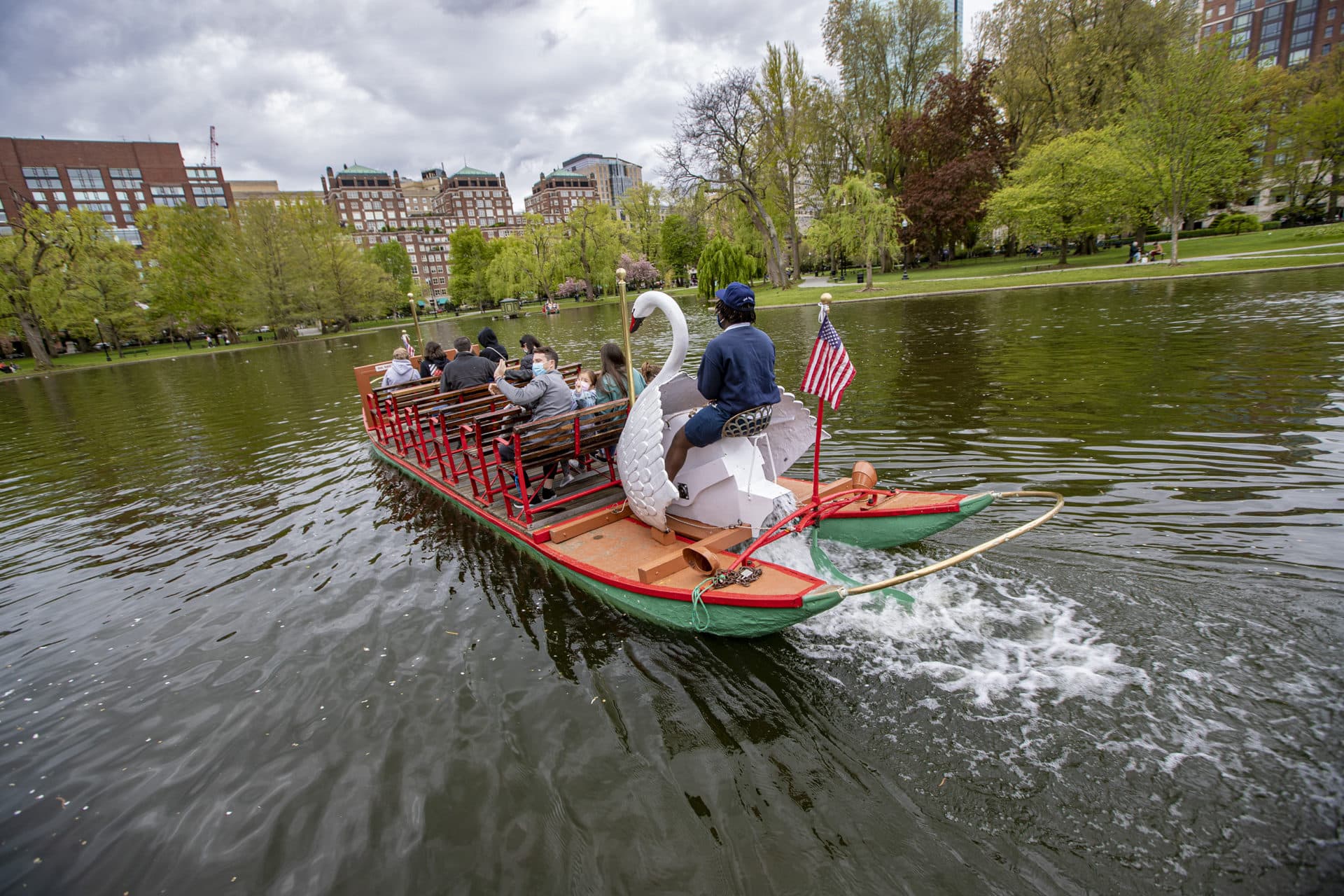 A swan boat full of passengers embarks onto the Public Garden lagoon. (Jesse Costa/WBUR)