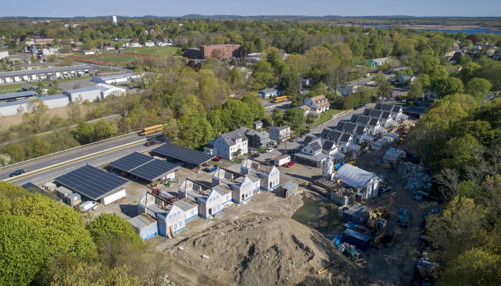 The Hillside Center for Sustainable Living in Newburyport, Mass. with four new passive house buildings under construction. (Robin Lubbock/WBUR)