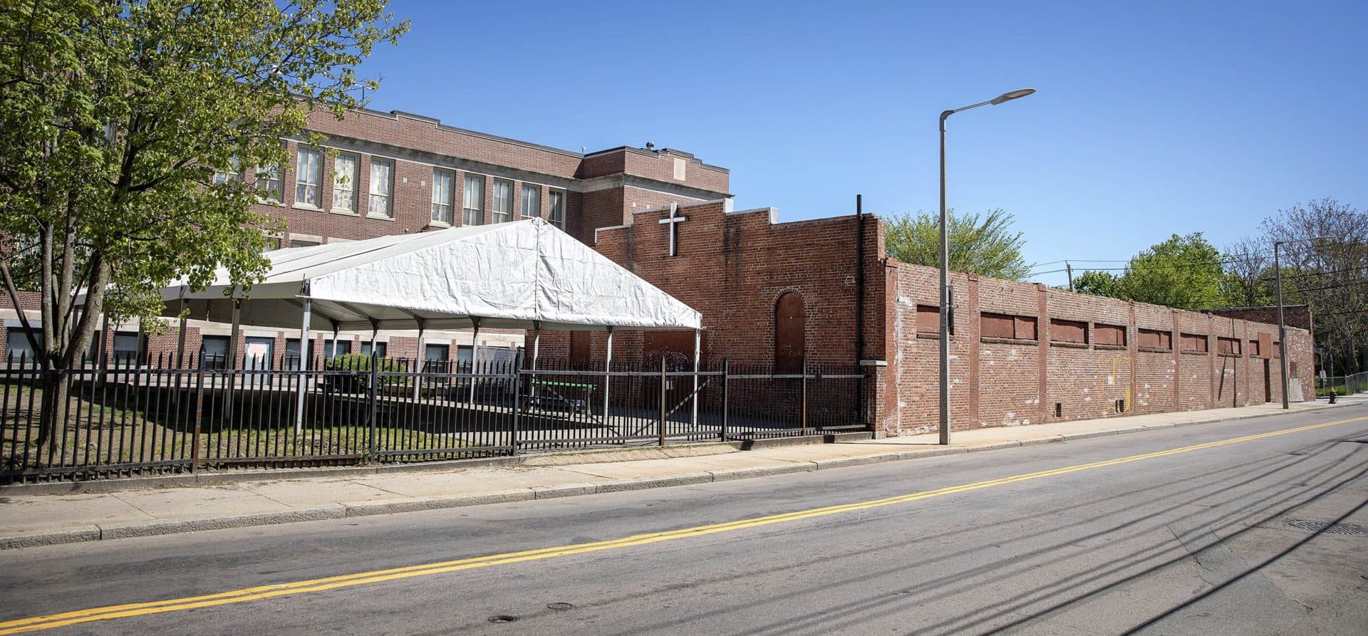 The abandoned church building next to the Greenwood School in Dorchester. (Robin Lubbock/WBUR)