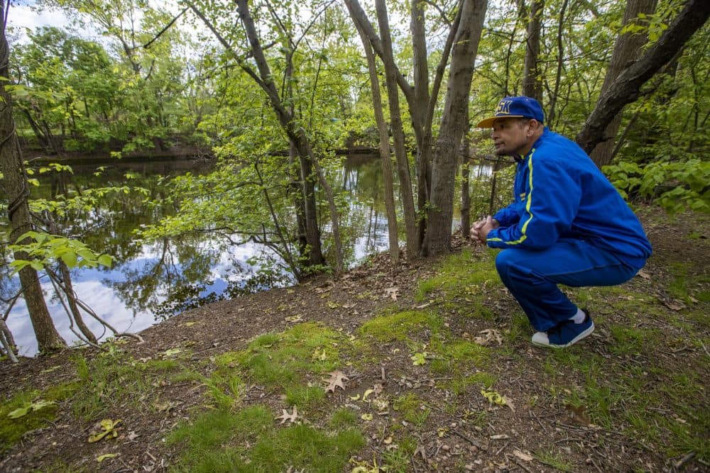 Poet Terry Carter kneels to view the Mystic River from its banks in West Medford, where he grew up. (Jesse Costa/WBUR)