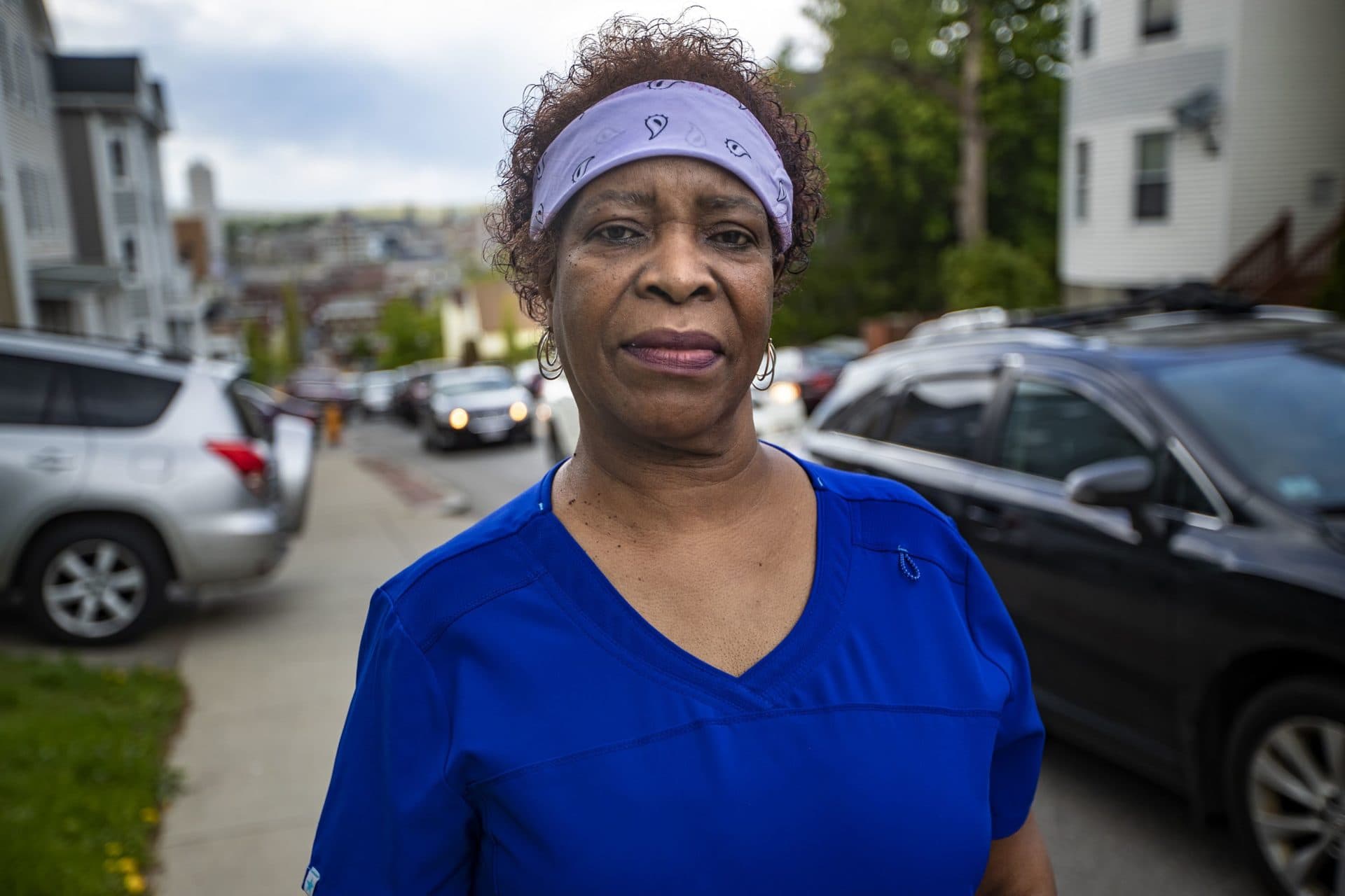 Nora Ketter's sister, Georgia Dennis, outside her home in Worcester. (Jesse Costa/WBUR)