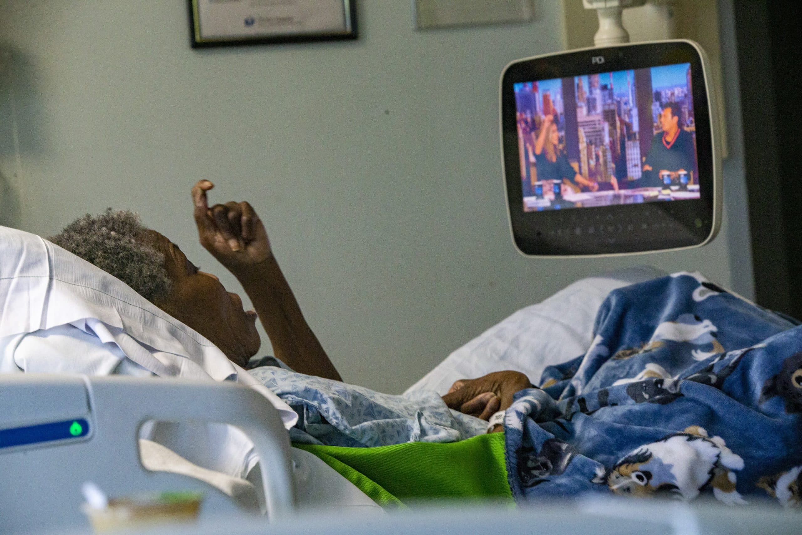 Nora Ketter in her room at UMass Memorial HealthAlliance-Clinton Hospital. (Jesse Costa/WBUR)