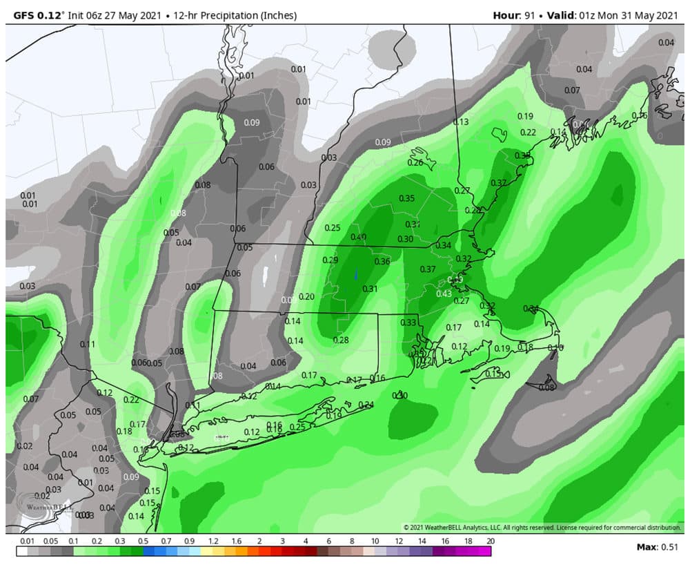 Rain showers are likely Sunday afternoon along with chilly air. (Courtesy WeatherBELL)