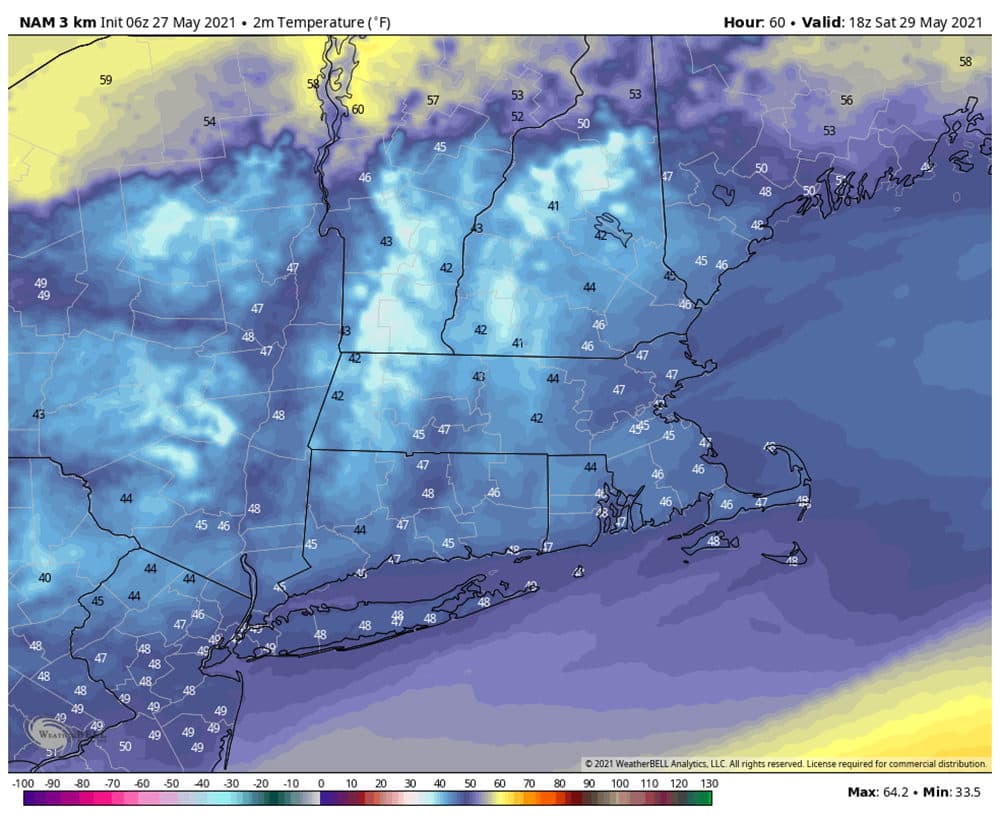 With clouds and rain ending, Saturday looks like a poor day outside. (Courtesy WeatherBELL)