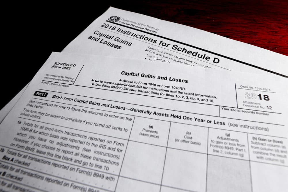 A schedule D form and instructions printed from the IRS that are used for 2018 U.S. federal tax returns. (Keith Srakocic, File/AP Photo)