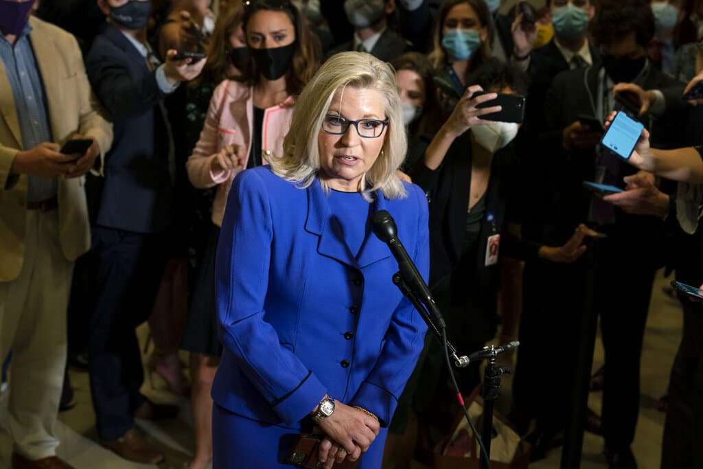 Rep. Liz Cheney, R-Wyo., speaks to reporters after House Republicans voted to oust her from her leadership post as chair of the House Republican Conference because of her repeated criticism of former President Donald Trump for his false claims of election fraud and his role in instigating the Jan. 6 U.S. Capitol attack, at the Capitol in Washington, Wednesday, May 12, 2021. (AP Photo/Manuel Balce Ceneta)