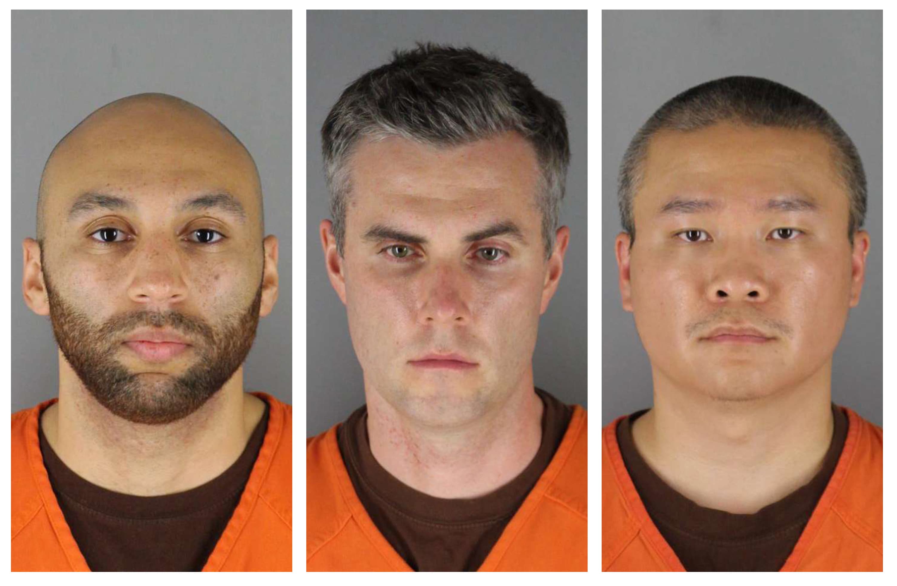 This combination of photos provided by the Hennepin County Sheriff's Office in Minnesota on Wednesday, June 3, 2020, shows from left, former Minneapolis police officers J. Alexander Kueng (left), Thomas Lane and Tou Thao. (Hennepin County Sheriff's Office via AP)