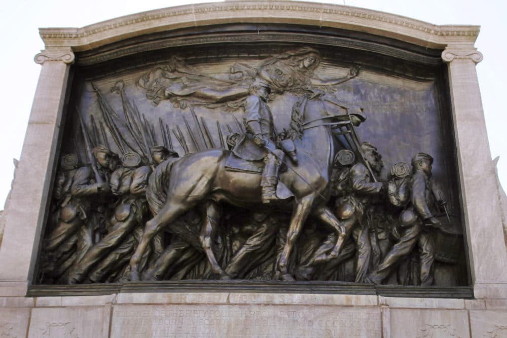 In this March 26, 2011, file photo, soldier and cavalry details are displayed on the memorial to Union Col. Robert Gould Shaw and the 54th Massachusetts Volunteer Infantry Regiment, near the Statehouse in Boston. The monument in Boston honoring a famed Civil War unit of Black soldiers has been unveiled May 28 following a $3 million restoration. (AP Photo/Michael Dwyer, File)