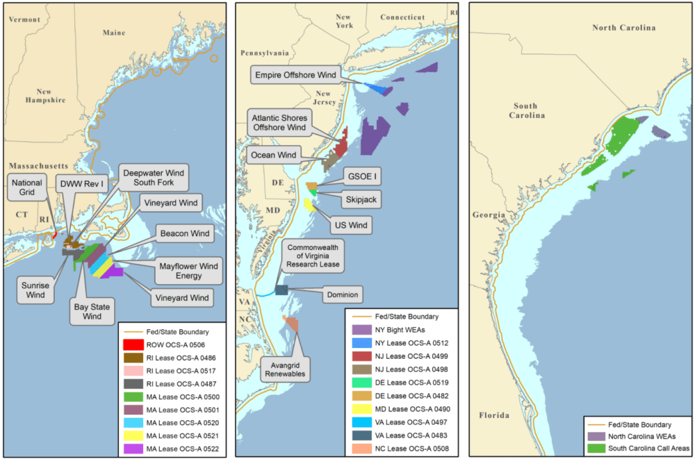 A Map of current offshore wind lease areas off the Atlantic Coast. (Courtesy of BOEM.)