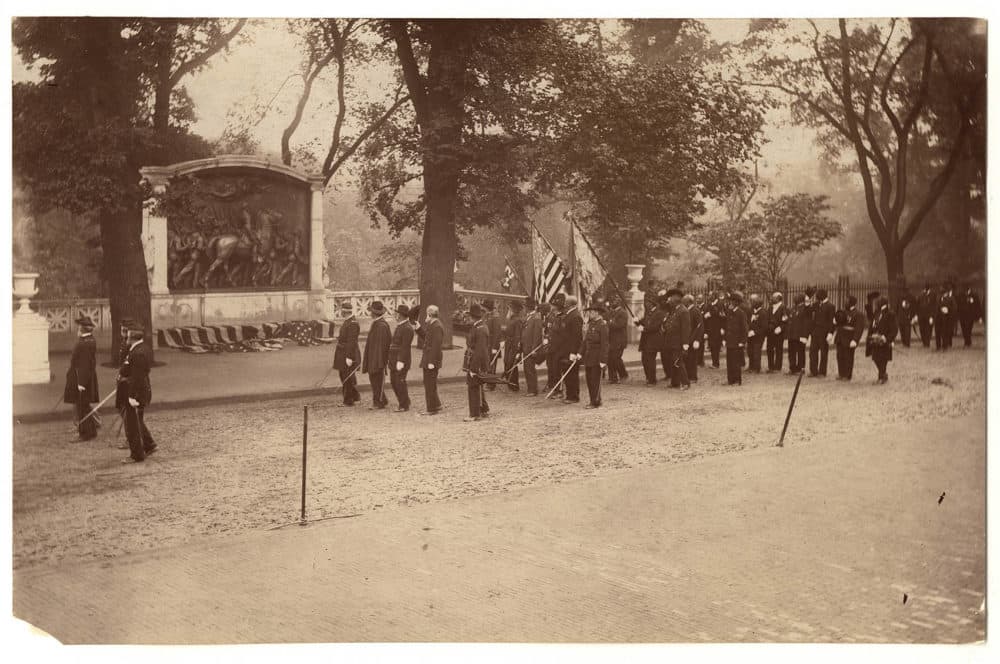 Veterans of the 54th Regiment marching past the Shaw Memorial during 1897 dedication ceremonies. (Courtesy Massachusetts Historical Society)