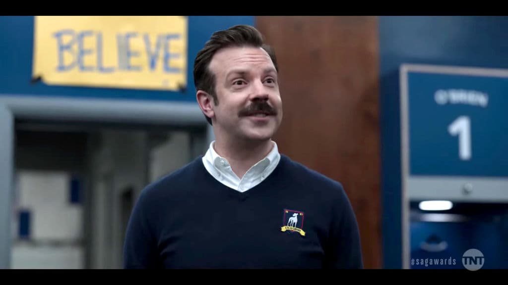 In this screen grab released on April 4, 2021, Jason Sudeikis performs as "Ted Lasso" during the 27th Annual Screen Actors Guild Awards on April 04, 2021. (27th Annual SAG Awards/Getty Images for WarnerMedia)