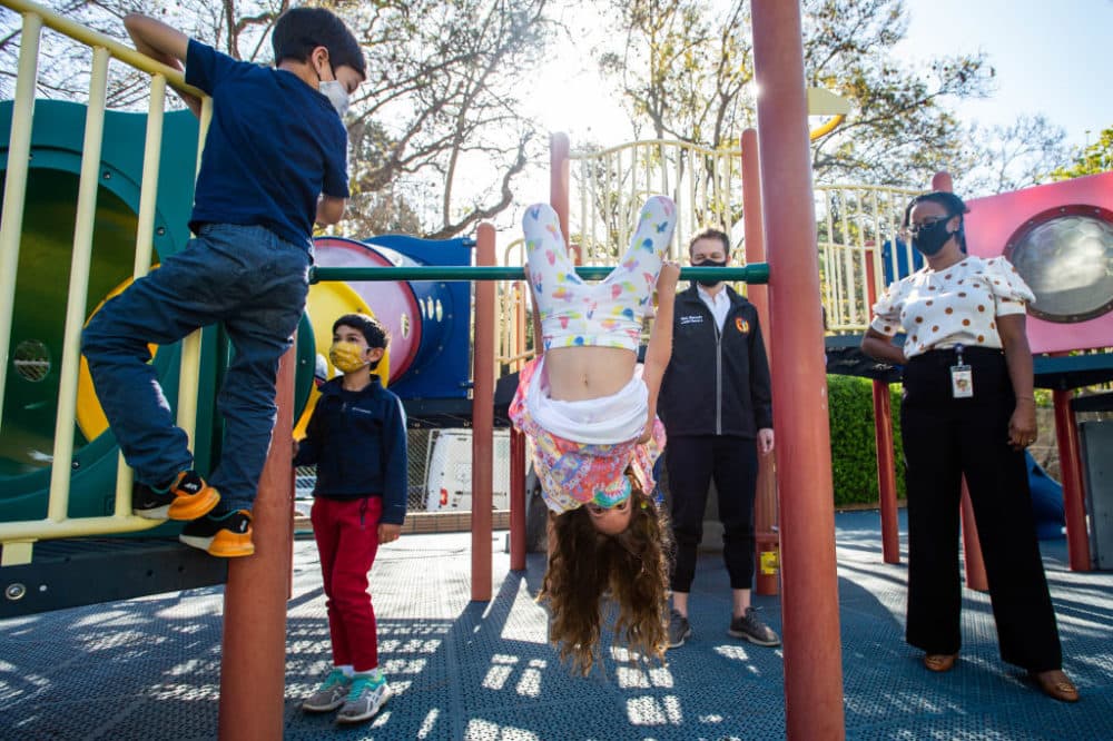 School Board member Nick Melvoin and Local District West Sup. Adaina Brown join a kindergarten class at Kenter Canyon School in Brentwood to celebrate the reopening of playgrounds at early education centers and elementary schools across the district on May 3, 2021. (Sarah Reingewirtz/Los Angeles Daily News/SCNG via Getty Images)