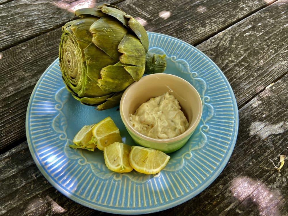 Steamed artichokes with roasted garlic aioli (Kathy Gunst)