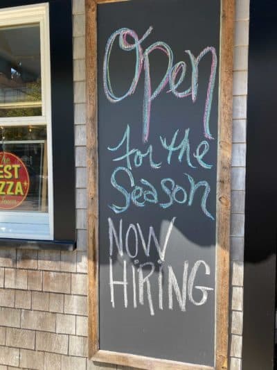 Woods Hole Market and Provisions advertises for summer staff. (Crisela Guerra/WBUR)
