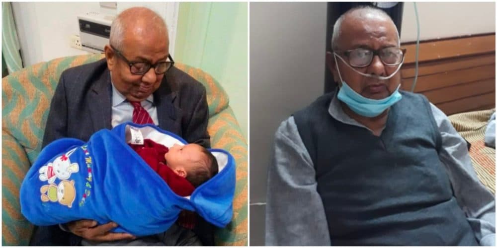 The author's grandfather meeting his great-grandson in January 2016 (left) and at home, on oxygen, two weeks before his death from COVID-19. (Courtesy)