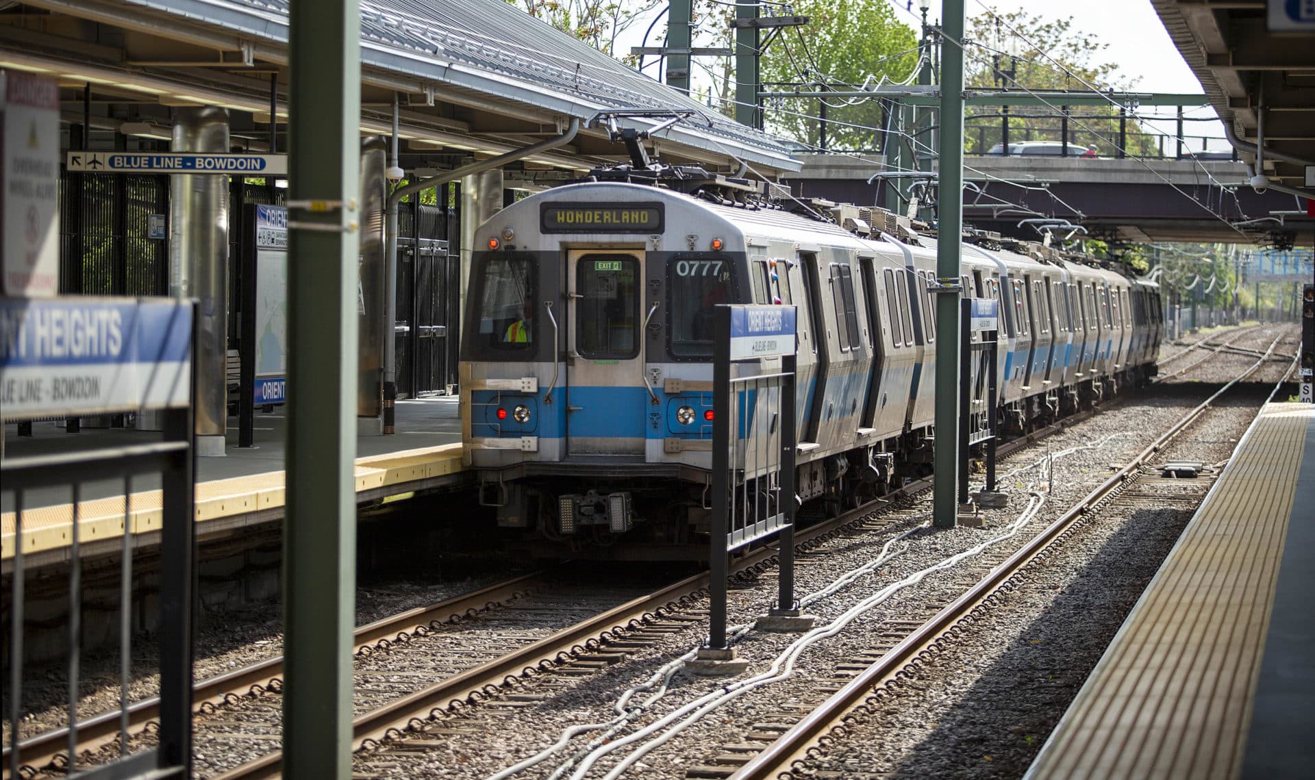An MBTA Blue Line train at Orient Heights Station. (Robin Lubbock/WBUR)