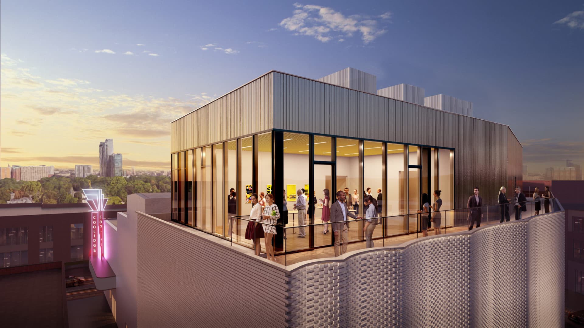 A rendering of the view of the roof deck at Coolidge Corner Theatre. (Courtesy Höweler + Yoon Architecture, LLP) 