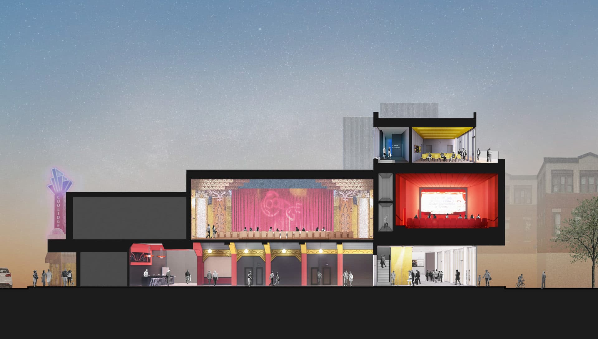 A rendering illustrating a section perspective of the Coolidge Corner Theatre expansion. (Courtesy Höweler + Yoon Architecture, LLP)
