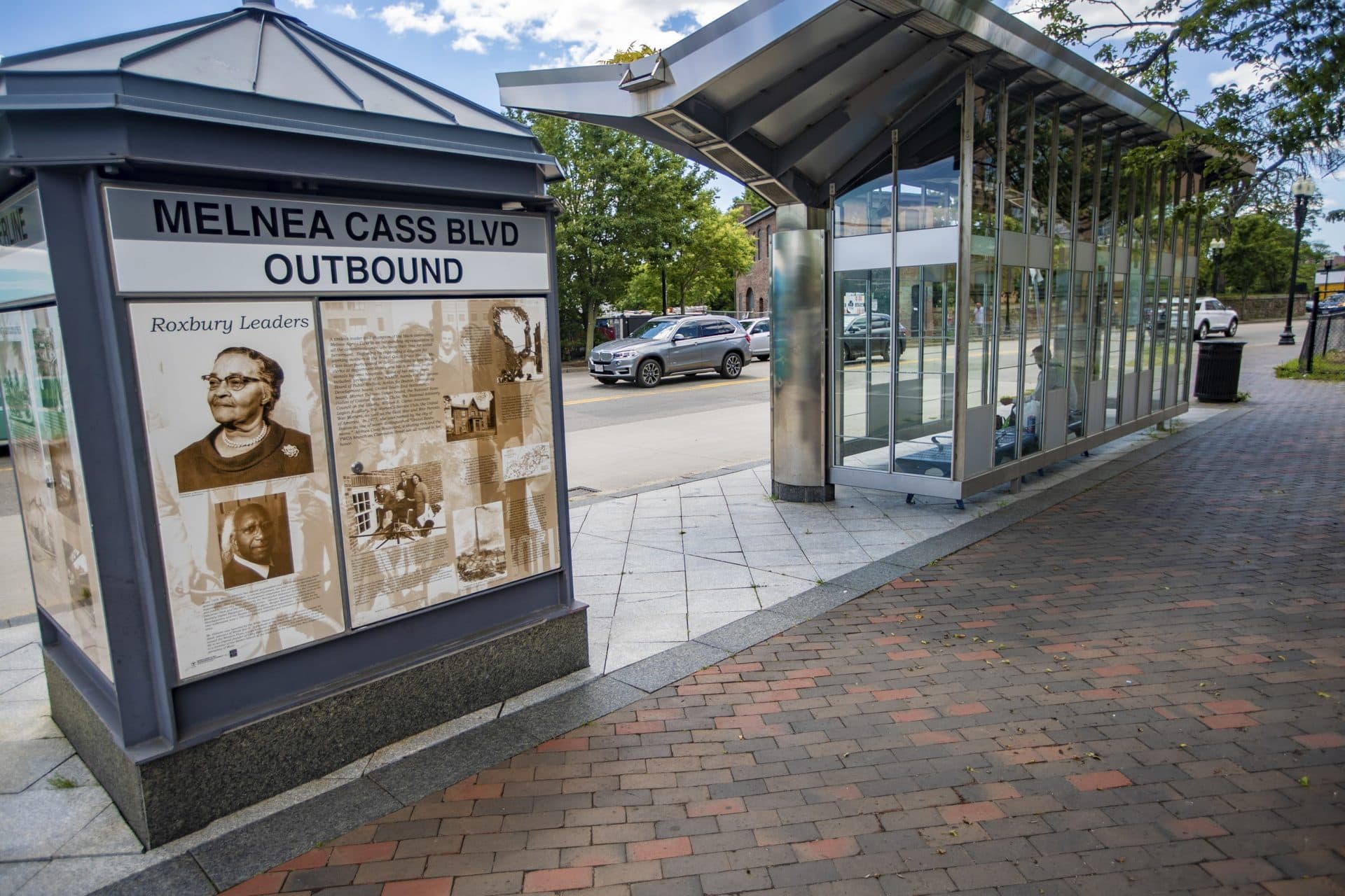 A panel honoring the memory of Melnea Cass located at a bus station on the corner of Melnea Cass Boulevard and Washington Street, just outside of Nubian Square. (Jesse Costa/WBUR)