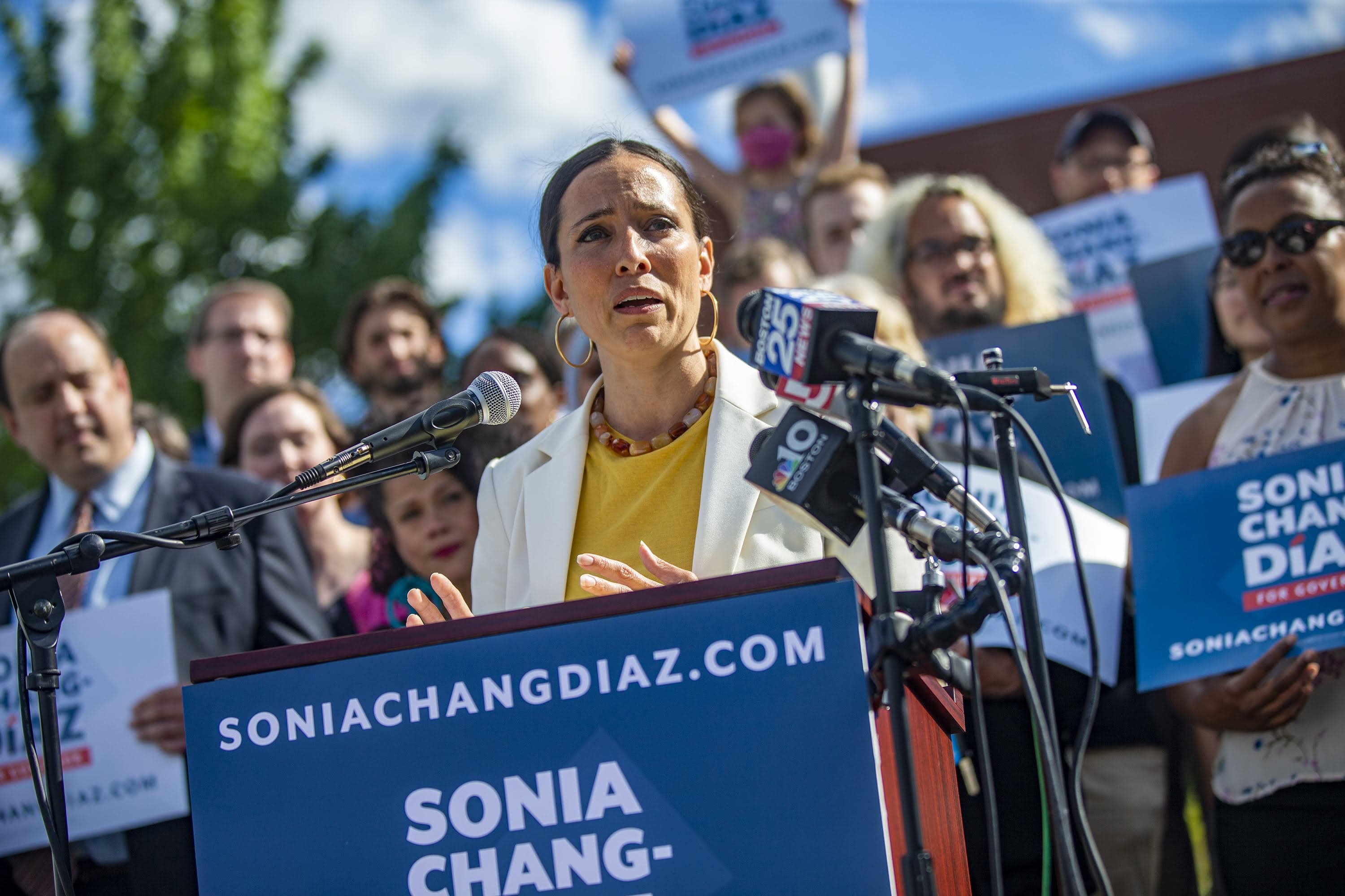 Sonia Chang-Díaz announces her candidacy for governor at a campaign event at Boston English High School in Jamaica Plain. (Jesse Costa/WBUR)