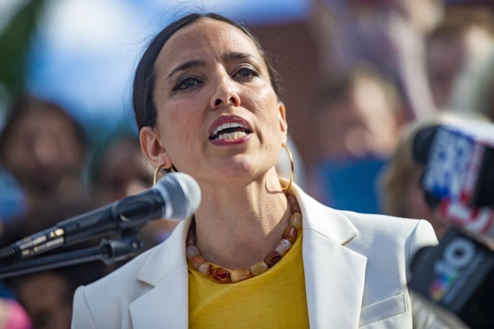 Sonia Chang-Díaz announces her candidacy for governor at a campaign event at Boston English High School in Jamaica Plain. The photo was taken by Jesse Costa of WBUR.