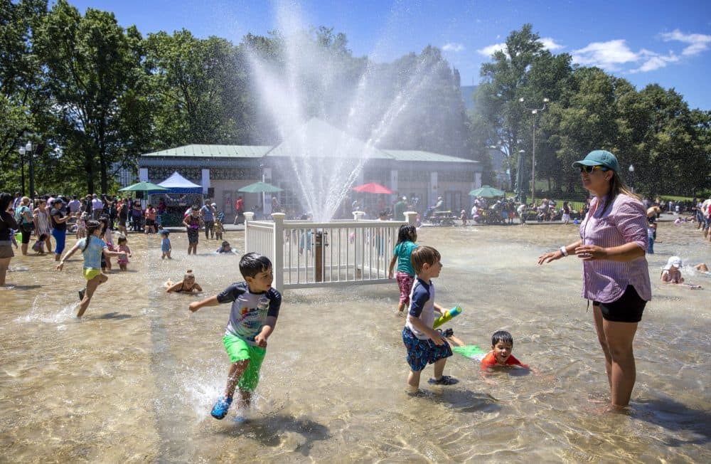 Children splash through the water at the Frog Pond in Boston Common. (Robin Lubbock/WBUR)