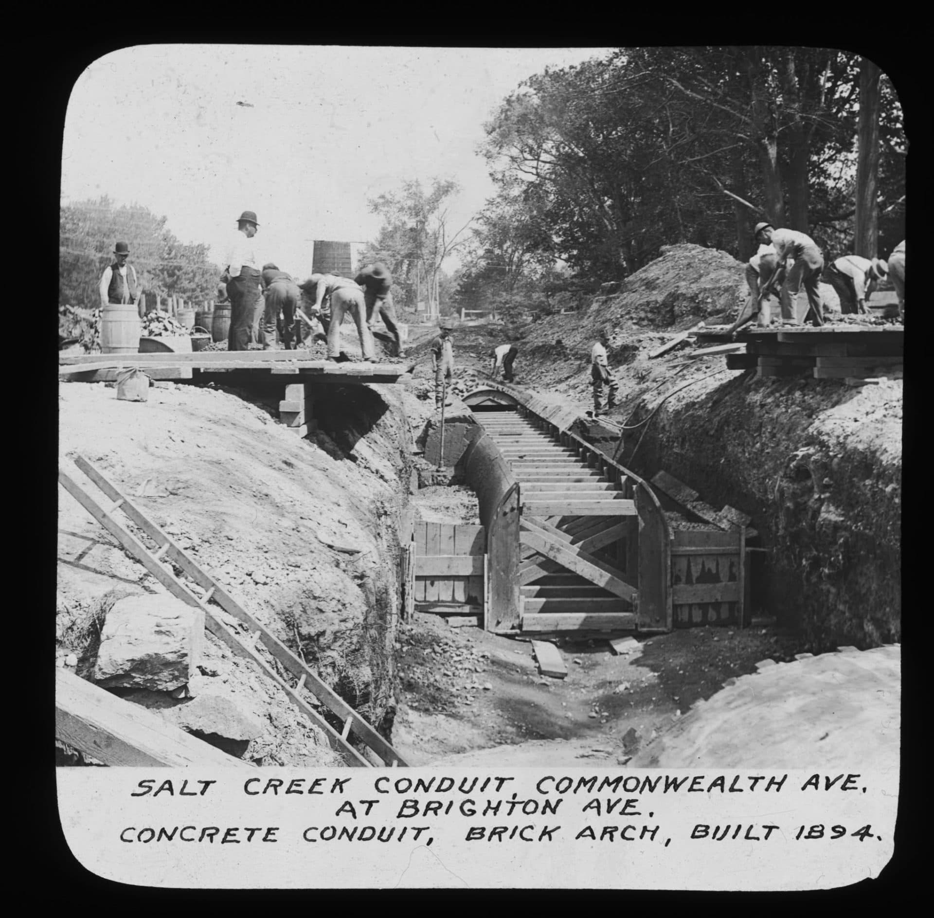 A crew works to install a sewer line along Commonwealth Avenue in the 1880s. (Courtesy Boston Water and Sewer Commission)
