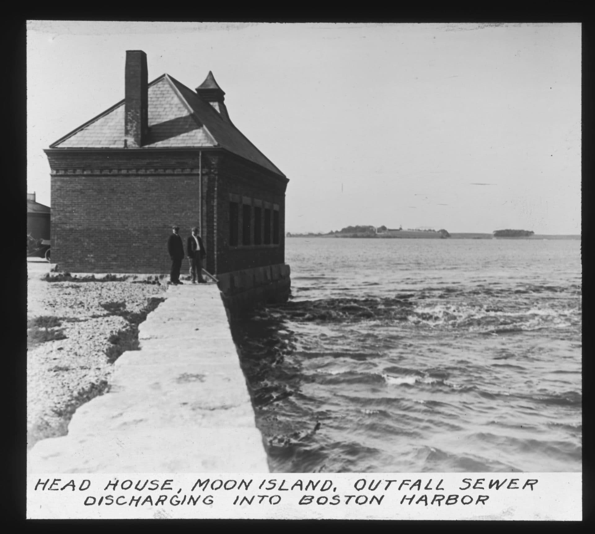 Man stand near the head house on Moon Island, where Boston's Main Drainage sewer would release its content to the waiting tides (Courtesy Boston Water and Sewer Commission)