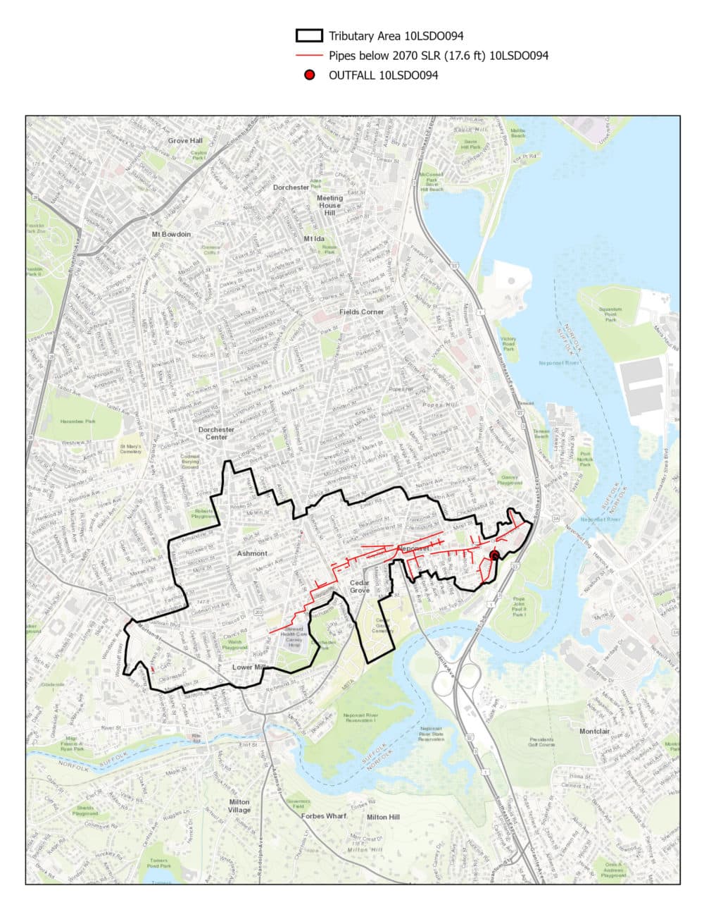 This map used by Ben Agrawal and Madison Gleason shows in red pipes that are projected to be below the water line by 2070. (Courtesy Hazen and Sawyer)