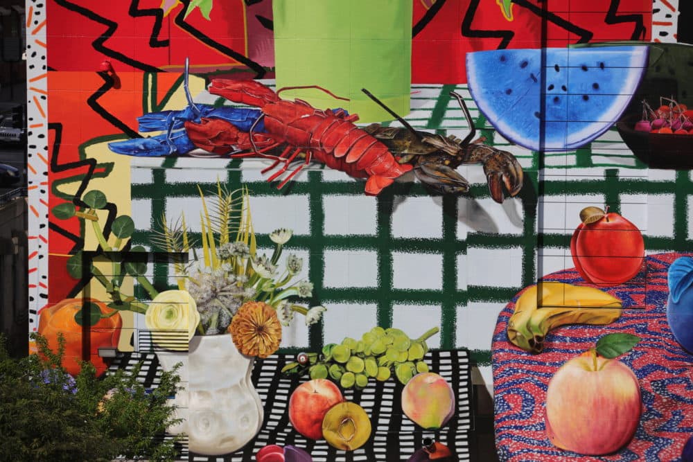 Bright colors, ripe fruit and lobsters evoke a New England summer in Daniel Gordon's mural. (Courtesy Hayden Todd)