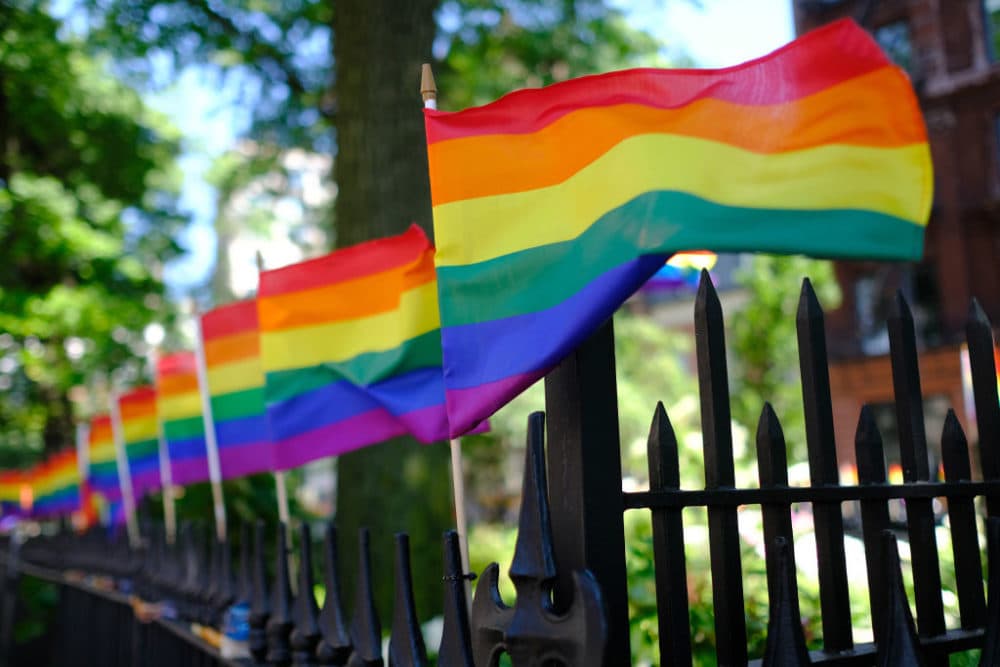 Pride flags decorate Christopher Park on June 22, 2020 in New York City. (Dimitrios Kambouris/Getty Images)