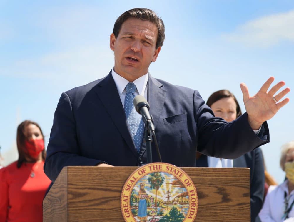 Florida Gov. Ron DeSantis speaks to the media about the cruise industry during a press conference at Port Miami on April 08, 2021 in Miami, Florida. (Joe Raedle/Getty Images)