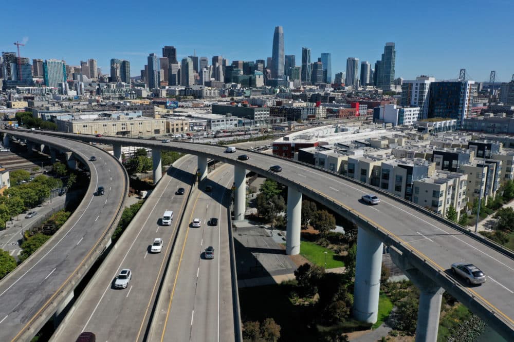 In an aerial view, cars drive along Interstate 280 on June 11, 2021 in San Francisco, California. (Justin Sullivan/Getty Images)